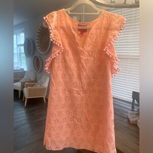 Lilly Pulitzer Astana Peach Eyelet Palm Tree Dress w/ Pom Pom Flutter Sleeves
